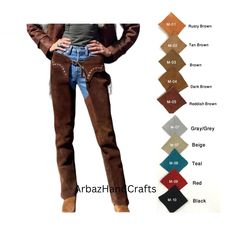 a woman wearing brown boots and jeans with the colors of her pants in different colors