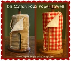 two different types of paper towels sitting on top of a wooden table with the words diy cotton fax paper towels