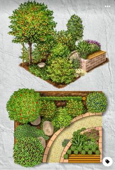 two different views of the same garden from above and below, one shows an area with various