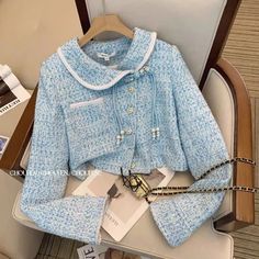 Spring Fashion Elegant Peter Pan Collar Chic Tassel Vintage Women Coat Blue Tweed Jacket High Waist Korean Tracksuit, Tweed Two Piece, Blue Tweed Jacket, Blue Tweed, Women Coat, Pants Suit, Fashion Elegant, Casual Suit, Style Pants