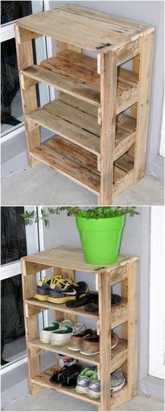 two wooden shelves with shoes on them and a green potted plant in the middle