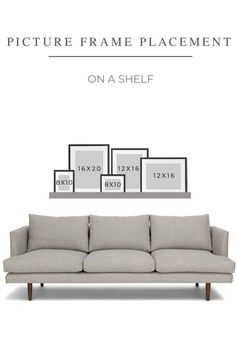 a couch with three frames on it and the text picture frame placement on a shelf