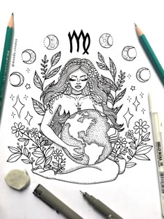 a drawing of a woman holding the earth surrounded by flowers and leaves with zodiac signs above her