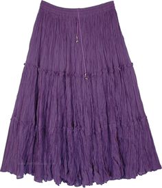 A fully flared festival skirt in a crinkled purple cotton fabric with half lining.  This tiered skirt is comfy and fashionable with its elastic waist and ethnic dori. #tlb #Crinkle #MaxiSkirt #Peasant #Dance #PurpleSkirt #CottonMidiSkirt Purple Skirts For Women, Purple Skirt Long, Purple And Green Outfits, Casual Purple Flowy Skirt, Purple Long Skirt, Purple Relaxed Flared Skirt, Purple Clothes Aesthetic, Purple Flowy Full Skirt, Purple Flowy Tiered Maxi Skirt