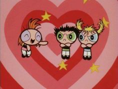 the powerpuff girls in front of a heart with stars and hearts on it