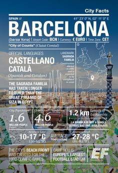 an advertisement for barcelona, spain with the city's famous tower in the background