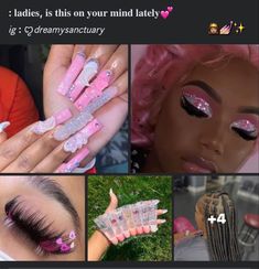 the collage shows different types of nail polishes and manies, including one with pink