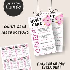 the printable quilt care instructions are hanging from strings with pink bows and hearts on them