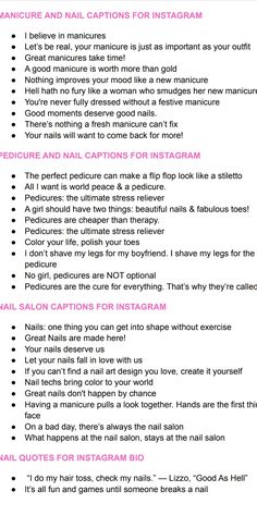 Pedicure Captions For Instagram, Nail Post Caption, Nail Tech Captions, Nail Page Ideas, Pedicures Ideas, Nail Captions, Nails Captions For Instagram, Salon Names Ideas