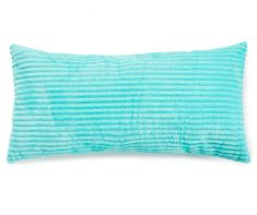 an aqua blue pillow with pleated edges on a white background, it is soft and plush