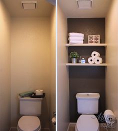 two pictures of a bathroom with toilet, shelves and towels on top of the walls