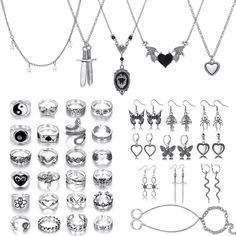 PRICES MAY VARY. PUNK JEWELRY SET: Includes 5 gothic necklaces, 9 pairs of earrings (such as snake, sword, spider, butterfly earrings), 24 stackable knuckle rings (such as evil eye, ace of spades, taiji, snake ring), 1 hippie chain bracelet, a great value set. VINTAGE SILVER JEWELRY FOR WOMEN OR MEN: Our multi-layer chain necklaces and vintage goth rings are made of high-quality alloy materials. It can maintain the color for a long time, not fade, hypoallergenic, lead and nickel-free. ALTERNATIV Horror Jewelry, Emo Jewelry, Goth Ring, Goth Horror, Grunge Accessories, Grunge Jewelry, Vintage Silver Jewelry, Y2k Accessories, Y2k Jewelry