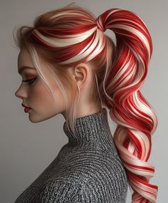 Candy Cane Ponytail Candy Cane Hair Color, White And Red Hair Color, Hair Ideas For Christmas, Christmas Hairdos, Christmas Hair Dye, Candy Cane Outfit, Candy Cane Hair, Peppermint Hair, Werewolf Oc