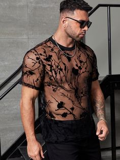 Preto Estilo de rua (street) Collar Manga Curta Tecido Floral  Embellished Elasticidade Baixa  Tops Masculino Mesh Top Outfit Men, Male Strip Club Outfit, Strip Club Outfit, Lingerie Outfit Night, Men Moda, Clubbing Outfits, Night Club Outfits, Mens Designer Shirts