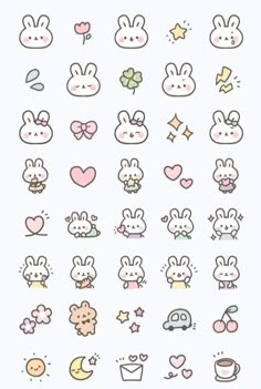 some cute little bunny stickers on a white background with pink and blue stars, hearts,