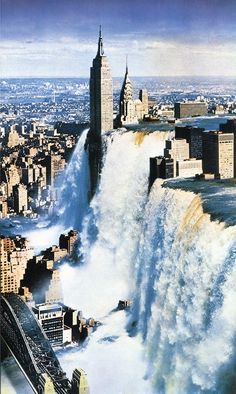 an aerial view of the niagara falls in new york city, with buildings and skyscrapers