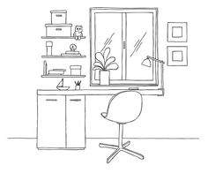 a black and white drawing of a desk with a chair