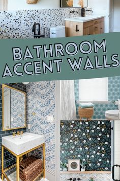 bathroom accent walls with blue and white wallpaper