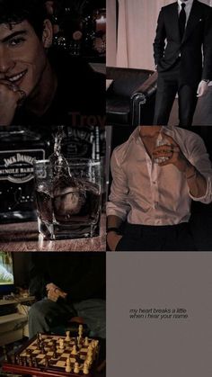 the collage shows two men in suits and one is holding a glass of whiskey