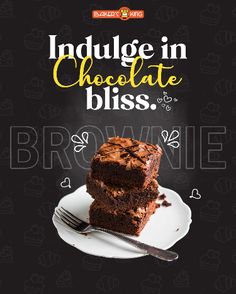 an advertisement for brownies on a plate with a fork and knife in front of it