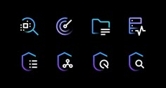 a set of neon colored icons on a black background, including an arrow and other symbols