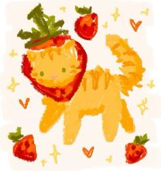 a drawing of a cat with a strawberry on it's head and carrots in the background