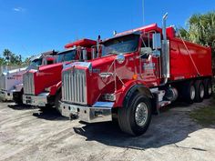 two large red trucks parked next to each other in a parking lot with palm trees