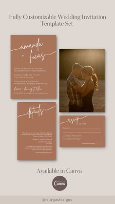 the wedding stationery is shown with three different photos