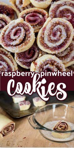 raspberry pinwheel cookies with powdered sugar in the middle and on top