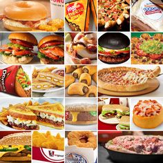 many different types of food are shown in this collage, including burgers and sandwiches