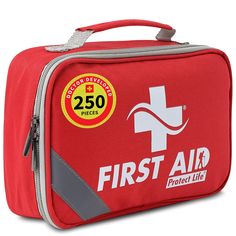 the first aid kit is red with grey trim and features a white cross on it