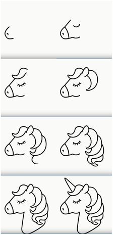 four different line drawings of unicorns with their eyes closed and one has its nose open