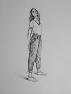 a pencil drawing of a girl standing with her hands in her pockets and looking off to the side