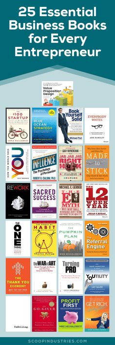 the book cover for 25 essential business books for every enterpriser, with an image of various