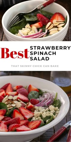 the best strawberry spinach salad is in a white bowl