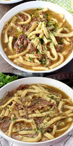 two bowls filled with different types of pasta and meat in broth next to each other