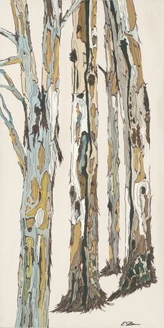 an abstract painting of trees with brown, blue and white paint on the barks