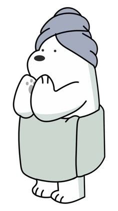 a cartoon bear wearing a towel and holding his hands in front of his face with one hand