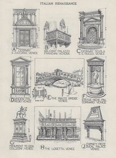 an old drawing shows different architectural styles