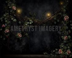 an artistic image with roses and lights on the dark background, in front of a wooden floor