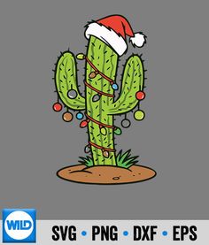 a cactus wearing a santa hat with christmas lights around it's neck and legs