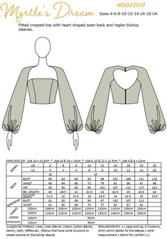 the front and back view of a cropped top with long sleeves, in sizes ranging from small to large