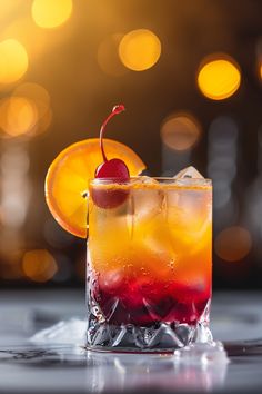 an orange and red drink with a cherry on the rim, garnished with ice