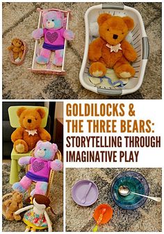 there are pictures of stuffed animals and toys in this collage with the words goldilocks & the three bears story telling through imaginative play