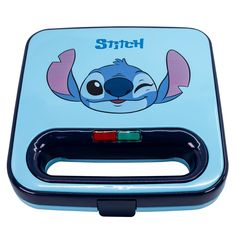 a blue lunch box with an image of stitch on it