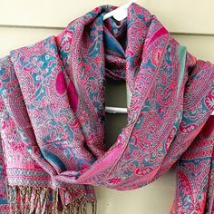 A Gorgeous, Light-Weight Yet Warm Pashmina Scarf In Pink And Teal Blue Adorned With Paisley Print All Over The Scarf. Perfect For Any Occasion And A Great Gift For Anyone. Brand New Item Material: Woven Pashmina (55% Pashmina.45%Silk) Style: Shawl, Scarf, Fringed Color: Pink And Blue Pattern: Paisley All Over Size: 76" Long 27" Wide Fringes: 3" On Both Ends Pink Shawl Scarf, Pink Winter Pashmina Shawl, Pink Pashmina Shawl For Winter, Pink Bohemian Pashmina Shawl, Graphic Scarf, Scarves Winter, Festival Scarves, Striped Shawl, Paisley Shawl