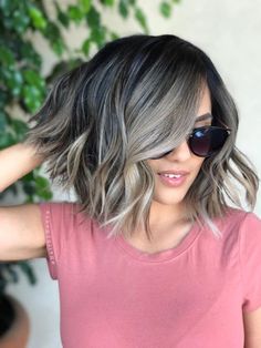 Balayage On Graying Hair, Ash Brown Balayage On Dark Hair Short, Short Hair Gray Highlights, Dark Brown Hair With Icy Blonde Balayage, Ashy Highlights On Dark Hair Short, Dark Brown To Ash Blonde Balayage Short, Fading In Grey Hair, Brown And Silver Hair Short, Grey Balayage Short Hair