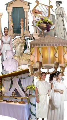 a collage of images with women dressed in roman garb and various items from the past