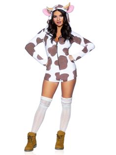 You’ll be the cutest cow on the farm in the Comfy Cow Costume by Leg Avenue. This quick and easy Halloween costume doubles as a comfy onesie that you can lounge around in after Halloween. The ultra-soft plush velvet fabric of this cow Halloween costume will keep you cozy and warm, while the bell zipper pull, pink ears, and fur-tipped tail keep you looking adorable. Package Includes: romper Fit & Style: Cute Halloween costumes don't get any better than this comfy romper. Zipper front for easy wea