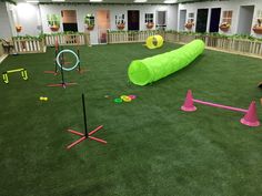 an indoor play area with green grass and pink cones